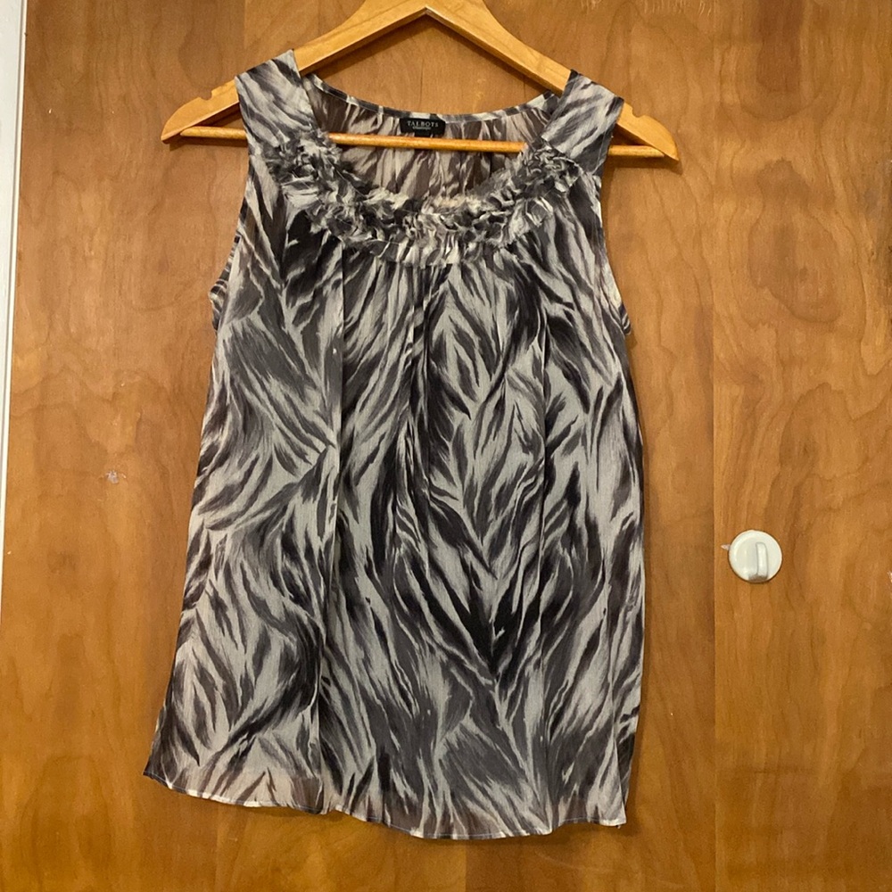 Talbots Women Top Blouse 100% Silk Brown Ivory Animal Print Sleeveless size 4